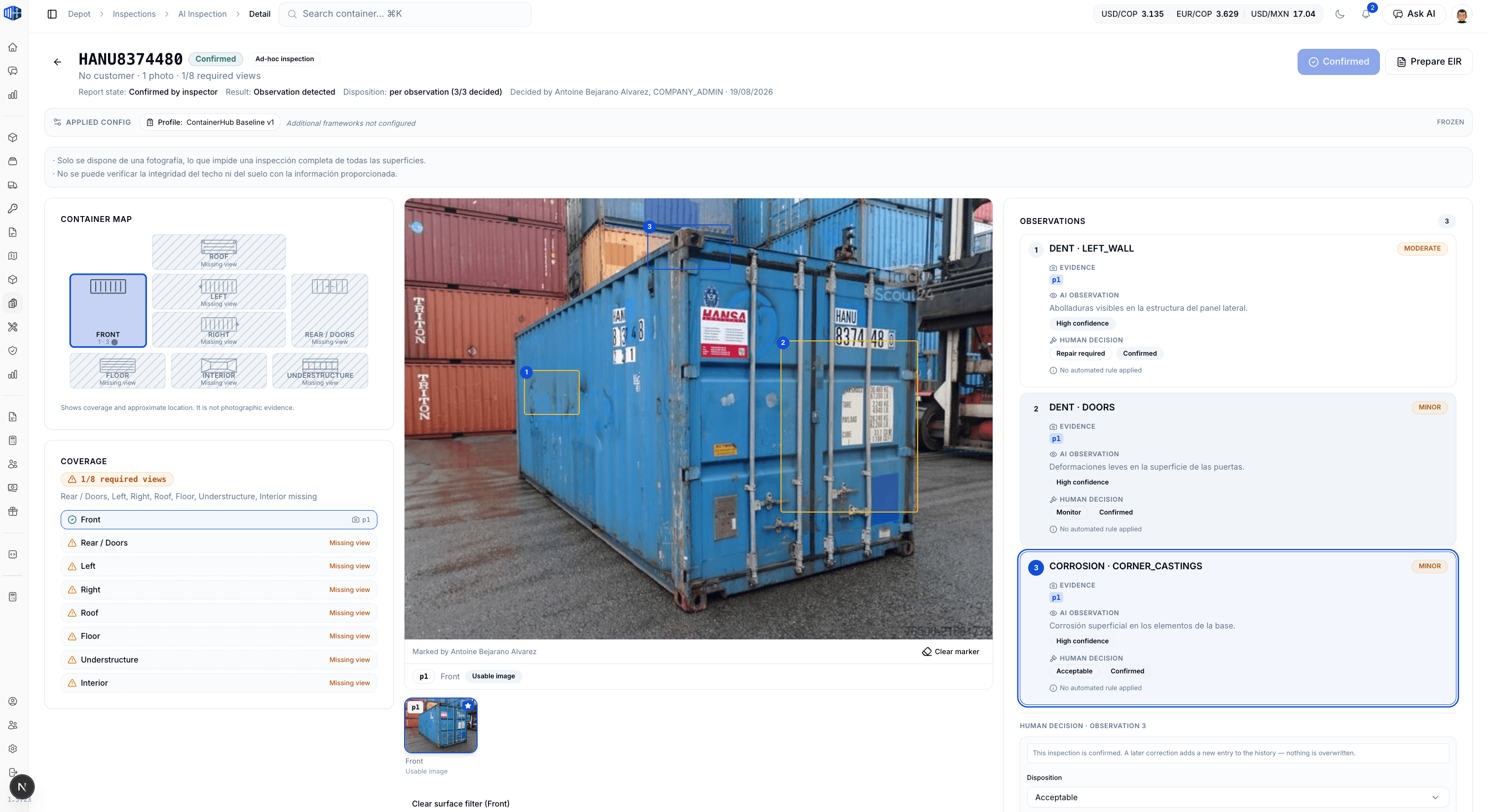 ContainerHub AI-assisted container inspection screen showing coverage, damage observations, evidence markers and confirmed inspector decisions.