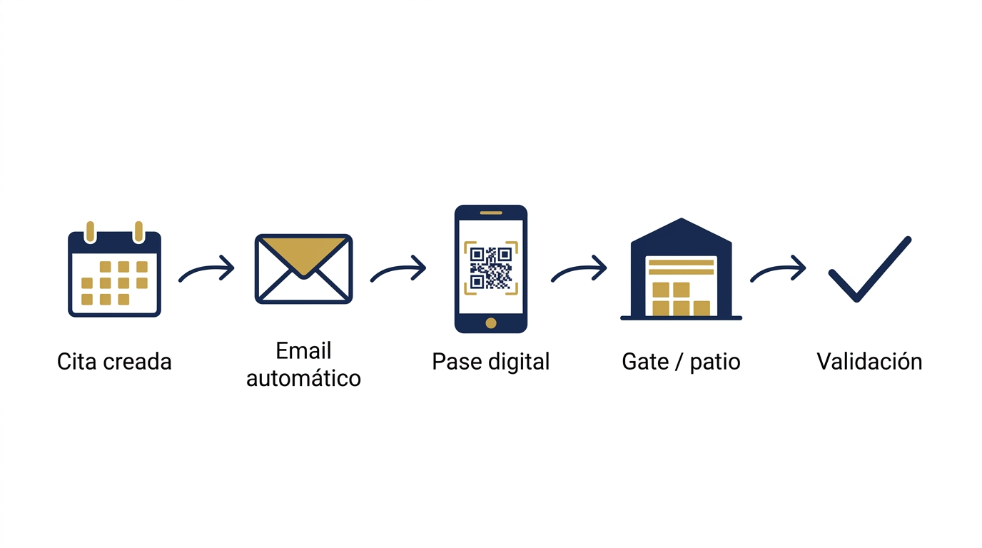 Flujo: cita creada, email con QR, validación en gate